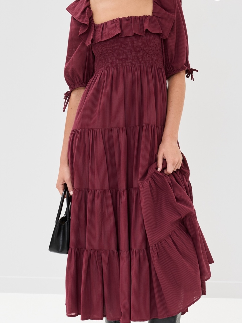 Smocked Ruffle Tiered Midi Dress in Burgundy